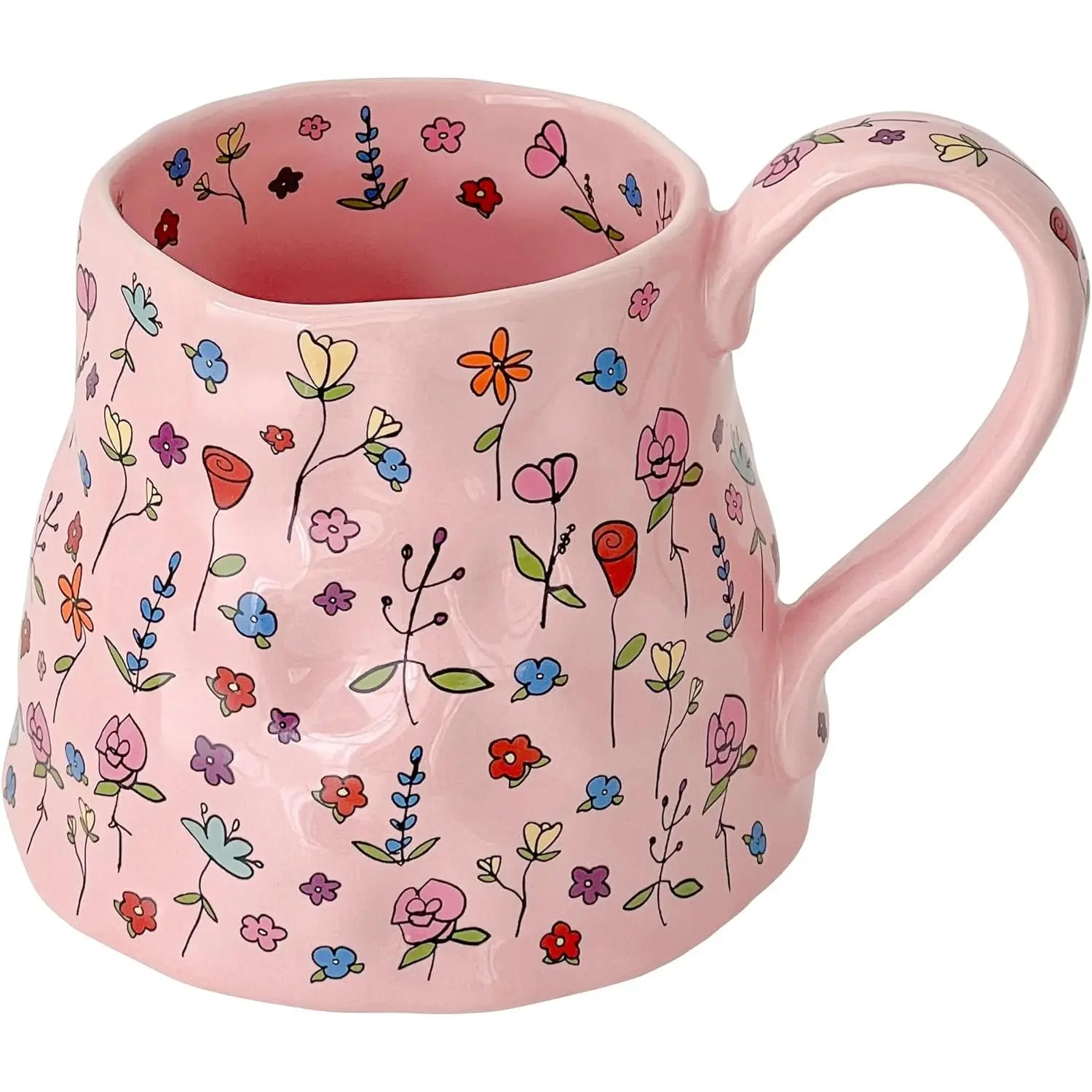 Large Ceramic Coffee Mug Pink Cute Flower with Handmade Big Handle, 20oz Girly Floral  Cup for Women Mothers Day Gifts, Novelty Irregular  Mugs for Latte  Milk Cocoa