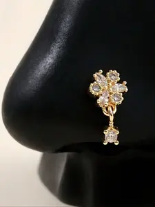 L-Shaped Copper Nose Ring with Zirconium Florets, Floral Pattern, & Silver Color Options, Perfect Gift for Women, Stylish Unique Accessory