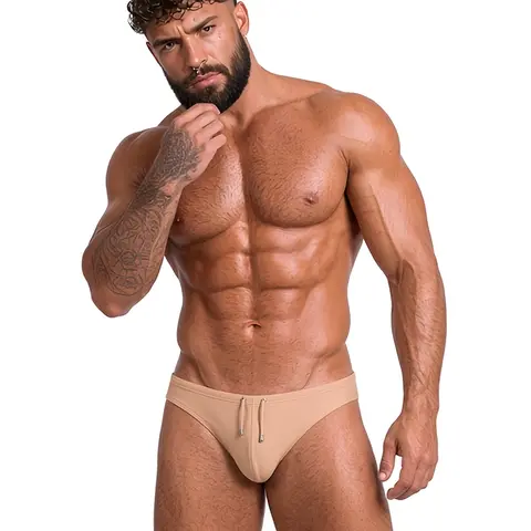 Nano Swim Briefs - Golden Pulse, Swimming Short with Front Seam and Center-Back Mañozzo Metal Nameplate