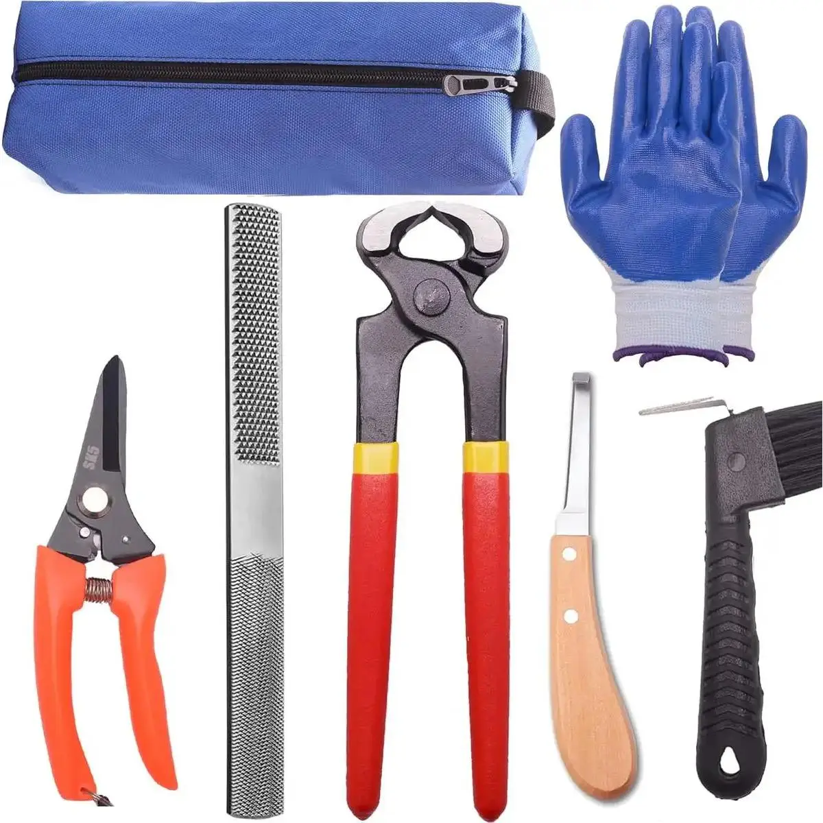 Professional 8-in Farrier Toolkit (7-Piece Set) - Hand Tools Including Mini Rasp Hoof File, Metal Shears, Hoof Nipper with Handle for Goats, Pigs
