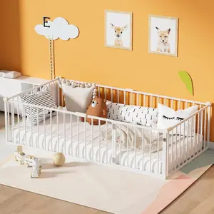 NEKODO Twin/Full/Queen Size Floor Bed for Kids Metal Montessori Bed Frame with Safety Guardrails Multifunctional Montessori Floor Bed, No Weight Limit,Sturdy Iron Construction， Easy Assemble, White，Black
