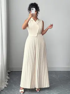 Plus Size Womenswear Suit Collar Sleeveless Single Button Asymmetrical Hem Pleated Wide Leg Elegant Chic Jumpsuit, Spring & Fall Commuter Light Date Party