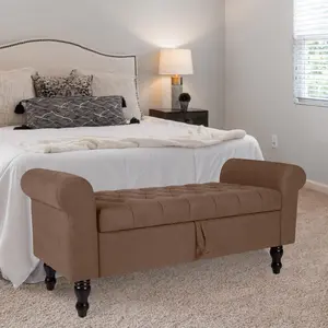 Polar Aurora Storage Bench with Upholstered Rolled Arm Ottoman Bench Couch w/Solid Wood Legs for Bedroom End of Bed, Entryway and Living Room