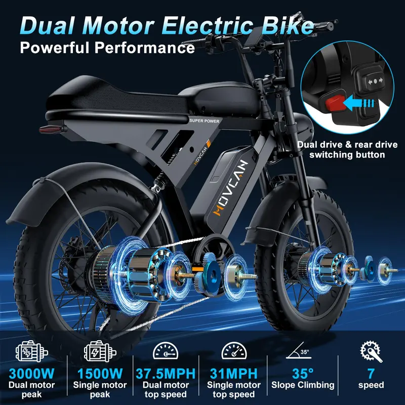 【Summer SALE】Movcan V30 Pro Max Adult Electric Bike - 3000W Peak Power, 37.5MPH Fat-Tire Off-Road Ebike, 48V 20Ah Dual Removable Batteries, 80-120mi Range, Full Suspension, Dual Disc Brakes, LED Headlight, UL 2849 Certified