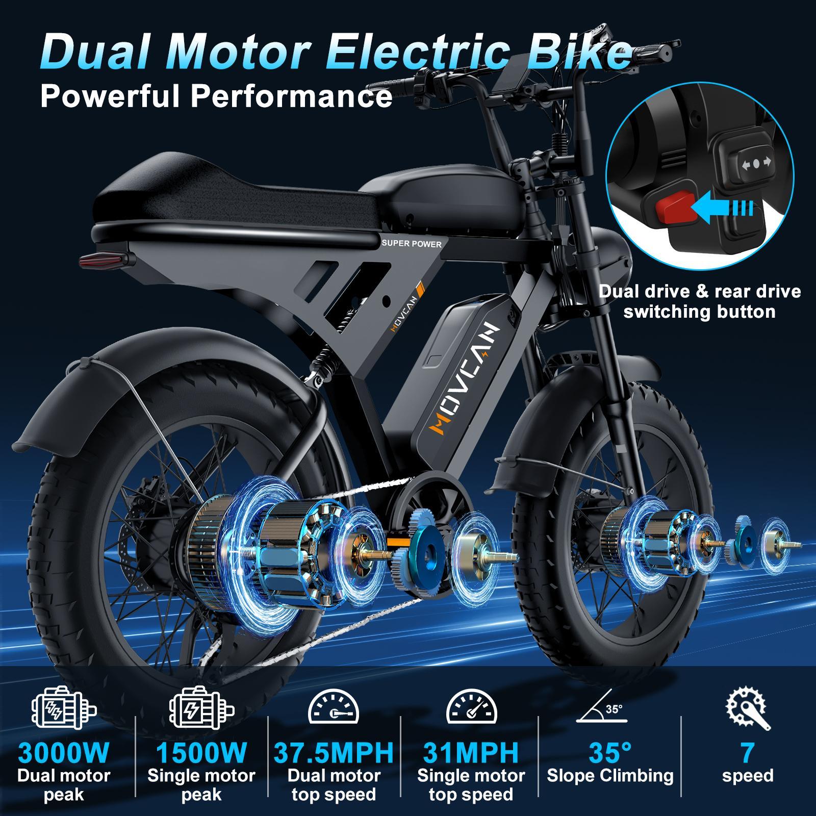 Movcan V30 Pro Max Adult Electric Bike - 3000W Peak Power, 37.5MPH Fat-Tire Off-Road Ebike, 48V 20Ah Dual Removable Batteries, 80-120mi Range, Full Suspension, Dual Disc Brakes, LED Headlight, UL 2849 Certified