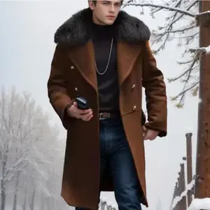 Mens Winter Double Breasted Woollen Overcoats Mens Casual Slim Fur Collar Long Wool Coats Thicken Warm Windproof Jackets Suitable For Daily Wear Office Commute Cold Weather Indoor Outdoor Transition