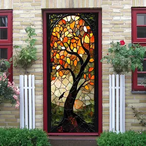 2pcs Stained Glass Tree of Life Window Film Decorative Door Sticker with Autumn Leaves Design Privacy Protection Static Cling Glass Decal for Home Office Living Room Bedroom Kitchen Decorative Wall Ar