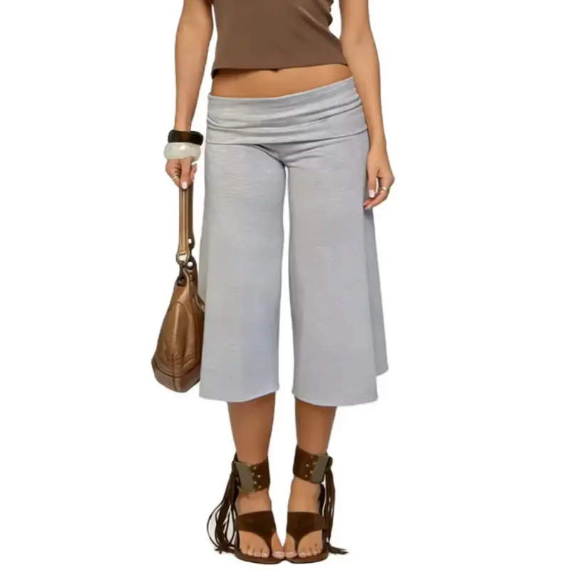 Women's Fold-Over Wide Leg Capri Pants – Low Rise Stretch Yoga Lounge Pants