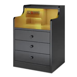 Sikaic LED Nightstand with 3 Storage Drawers  Modern Bedside Table with Built-in Charging Station and Open Storage Space