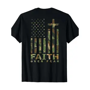 Cotton |     Inspirational] 100% Cotton Men'S Camo & American Flag T-Shirt |     Short Sleeve, Crew Neck, All-Season Casual Wear |     Black With Inspirational "Faith Over Fear" Design