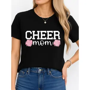Cheer Mom T-Shirt Black Cheerleading Support Team Spirit Personalized Unisex Women's Top Summer Comfortable Breathable Short Sleeve Tee Suitable For All Outfits Made In Usa