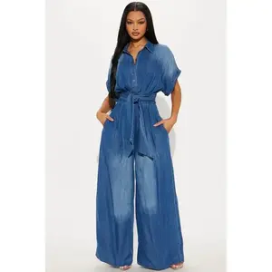 Ladies' denim jumpsuits, casual and simple vacation short-sleeved solid color jumpsuits, medium washed Cotton Overalls