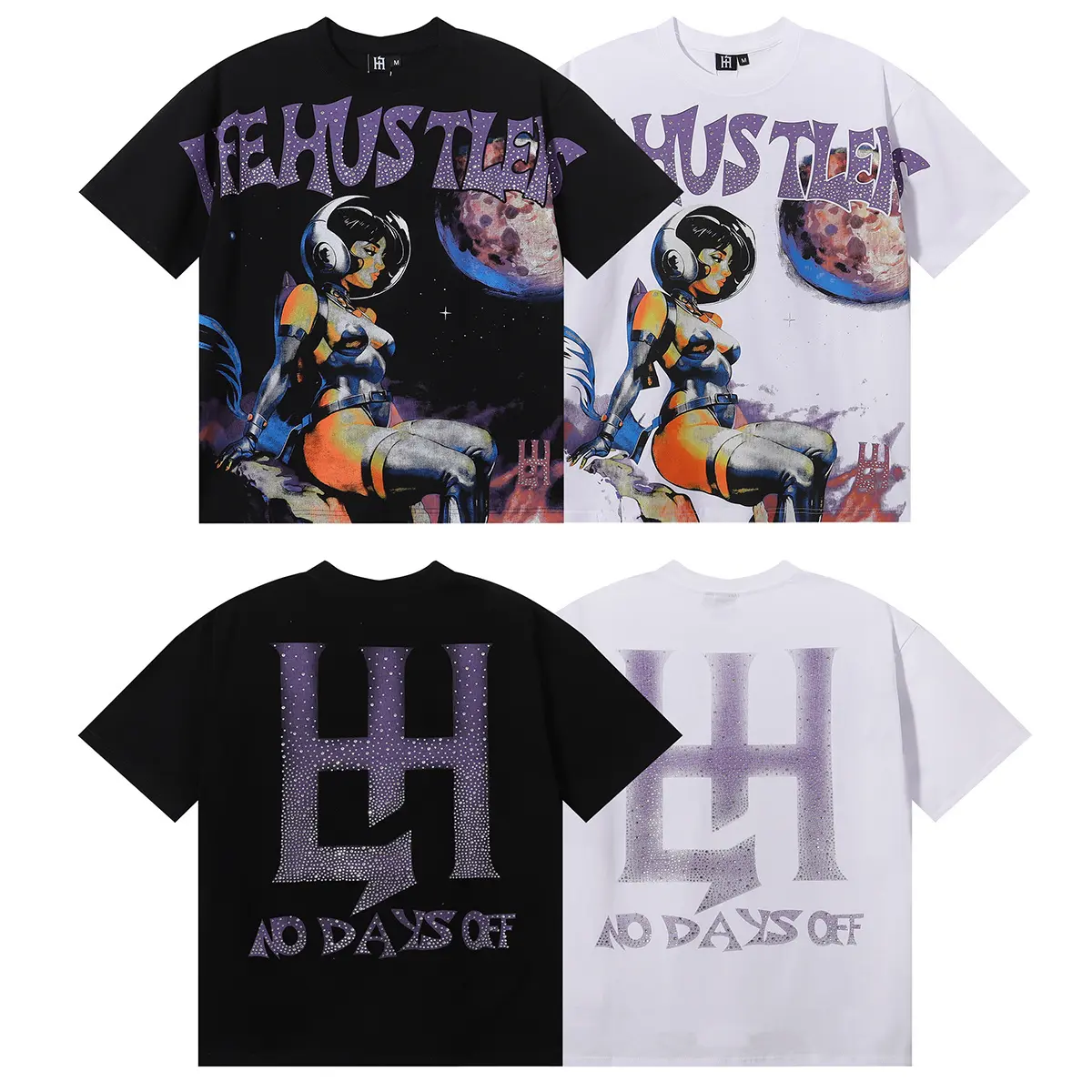 Life Hustlers Space Girl Astronaut Graphic T-Shirt, Retro Sci Fi Moon Explorer Artwork with Purple Crystal Lettering and Oversized LH No Days Off Back Print, Black White Y2K Streetwear Tee for Men and Women, Fashion Accessories