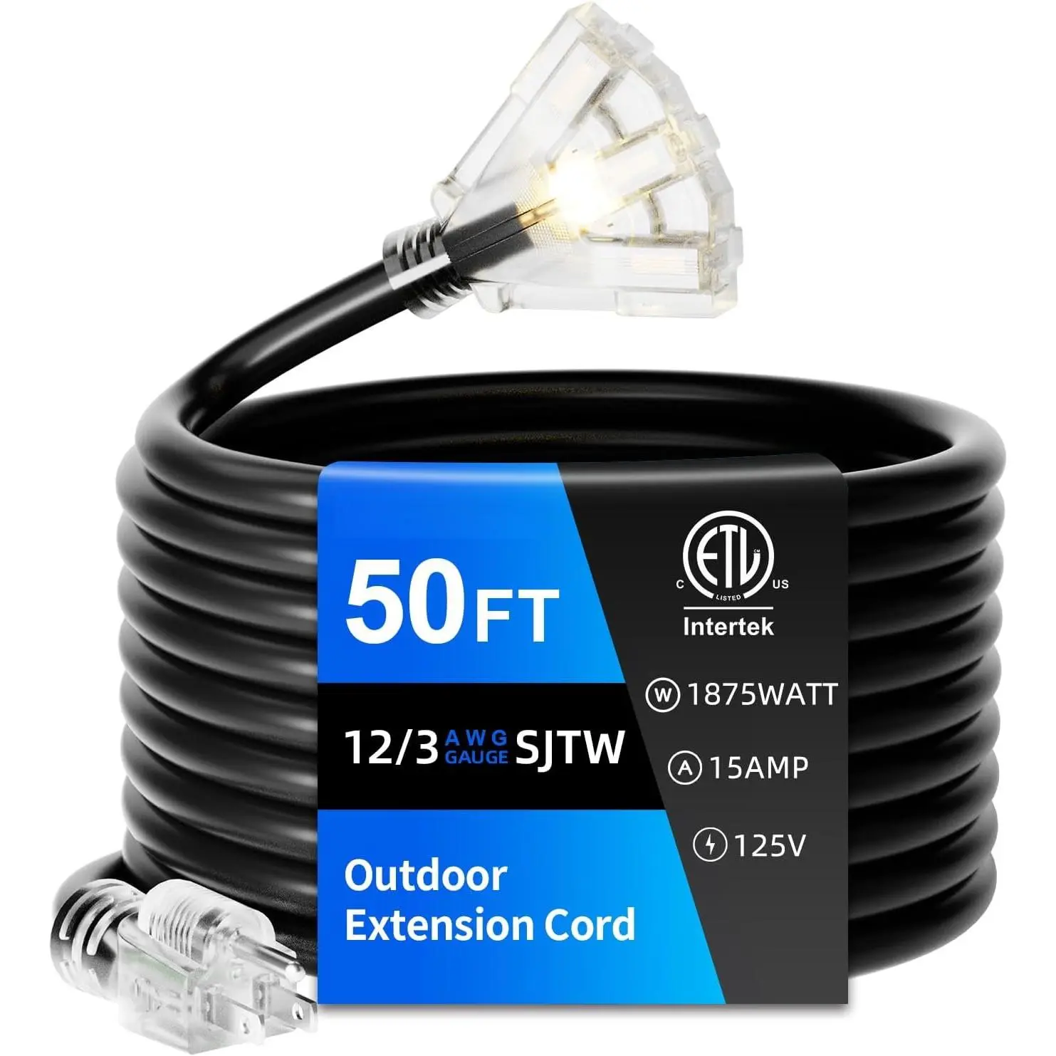 50 FT Outdoor Extension Cord with Multiple Outlets, 12 Gauge Heavy Duty Black Extension Cord  with 3 Outlet, 3 Prong Power Cord for Garden and  Use  Light, ETL Listed