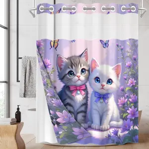 1PC/4PCS 2D Flat Printing Happy Spring Pink Purple Flower Butterfly Twin Cats Patterned shower curtain, home bathroom decor, shower curtain set with 12 hooks, non-slip bathroom rug, U-shaped toilet seat cover, toilet seat mat.