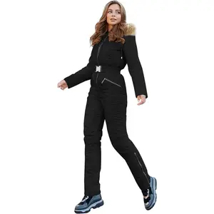 Yousify Women's Winter Ski Suit One-Piece Hooded Fur Collar Jumpsuit Snowsuit Outdoor Sports Coat Waterproof Removable Fur Collar