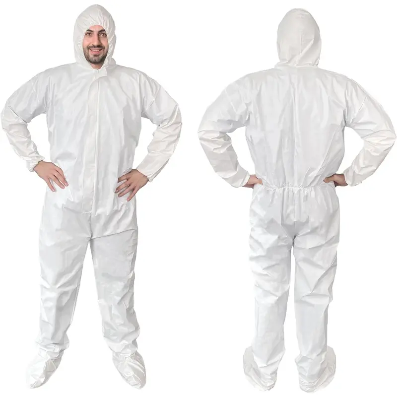 White Hazmat Suits, Small. Pack of 5 Waterproof MPP Disposable Coveralls with Hood, Boots, Elastic Wrists, Zipper. Tear Resistant 60 GSM Unisex Painters Suit Disposable for Men and Women