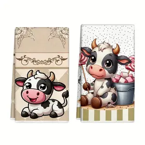2pcs Polyester Kitchen Towels -Modern Cartoon Cow Ideal for Spring/Summer Home Decor, Cooking, Baking - Hand Wash Only, Dish Towels for Kitchen Set for Bathroom, Gym, Hotel, Spa Bathroom Hand Towels Gifts for Women and Men