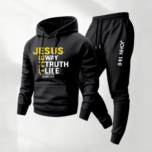 Men's 2-Piece Loose-Fitting Polyester Soft Fabric Jesus Letters Printed Hoodie & Drawstring Sweatpants Set, Casual Athletic Long-Sleeve Hooded Tracksuit for Fall Winter Daily Wear, Menswear Athleisure Sportswear