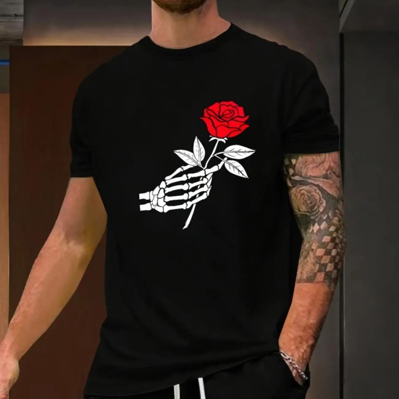 Men's Cotton Fabric Loose Short-Sleeve T-Shirt - Hand With Rose Print, Casual Sports Regular Top, Made in USA for Spring Summer Menswear, Tshirt, Round Neck
