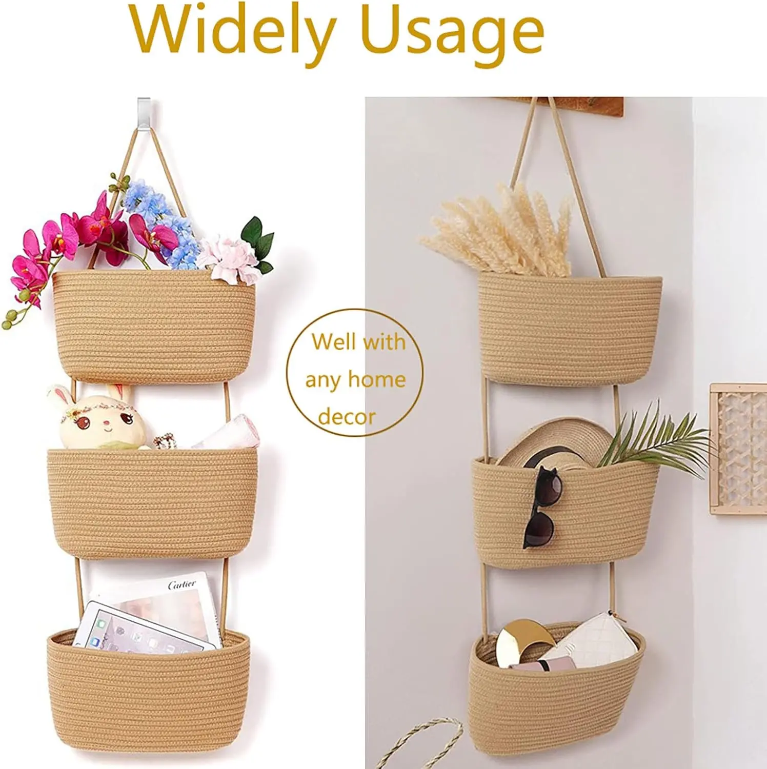 3-Tier Woven Basket Hanging Rope Shelf - Multi-Level Item Organizer, Removable Over-The-Door Multi-Compartment, Decorative for Living Room, Nursery (3-Layer Woven Basket Design Adds Warmth)