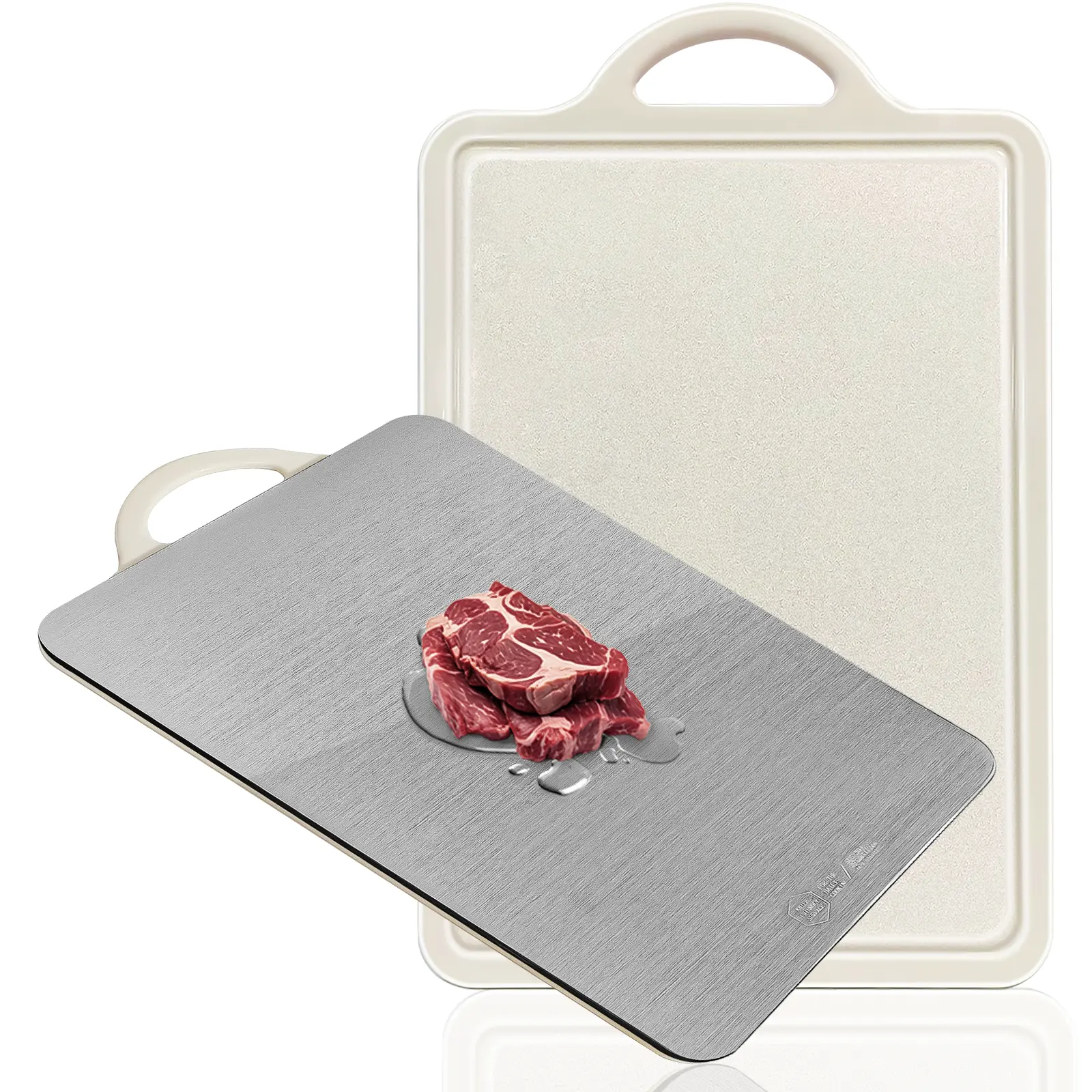 Reversible Double-Sided Chopping Board - 15.4in×11in Large Durable Cooking Cutting Board, Food-Grade 304 Stainless Steel & Wheat Straw PP, Anti-Bacterial, Built-In Juice Groove, Good Conductivity, Garlic Grinding Area, Easy-to-Clean Kitchenware, Grip Hand