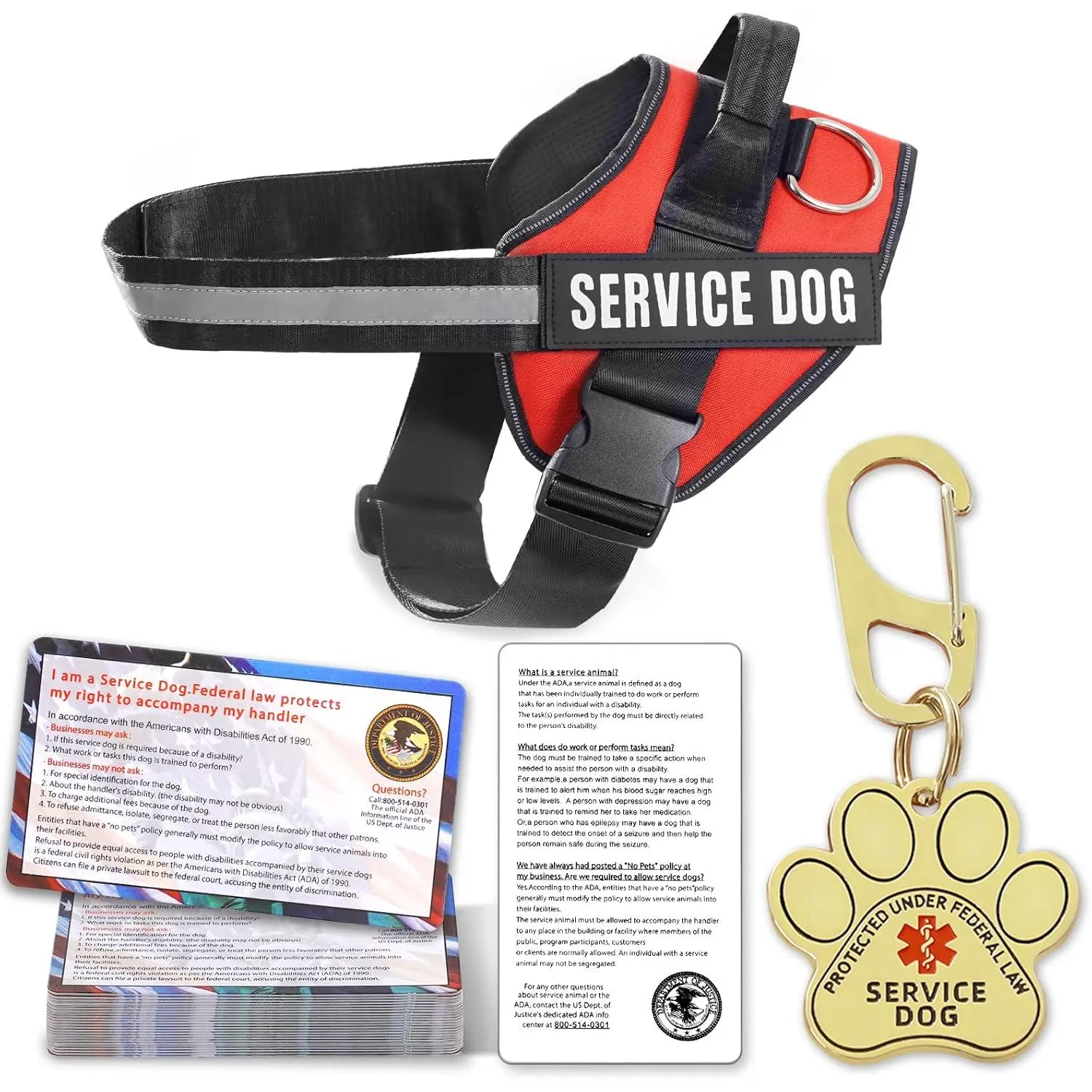 Service Dog Vest, ID Tag + 50 ADA Information Cards, Service Dog Harness in Sizes X Small to XX Large, Metal Dog Tag has Ruggedized Clip, 2-Sided Service Animal Cards,ESA Accessory Set Small
