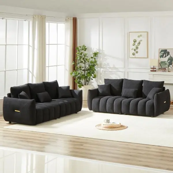 [Bellemave]3 Seater + 3 Seater Combo Sofa Modern Living Room Sofa, Teddy Sofa, Wooden Frame, 6 Cushions, Apartment Sofa Furniture