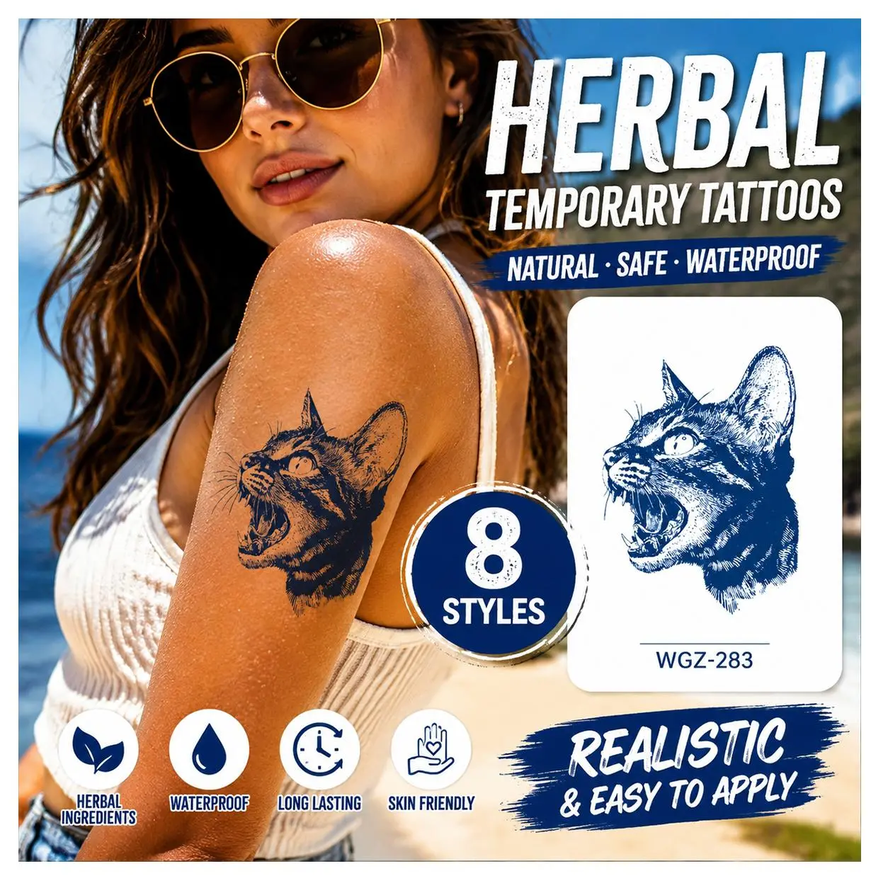 8 pcs Sheets Herbal Temporary Tattoos for Women & Men, Waterproof Fake Tattoo Stickers, Long Lasting Realistic Body Art for Beach Party Festival Black Blue