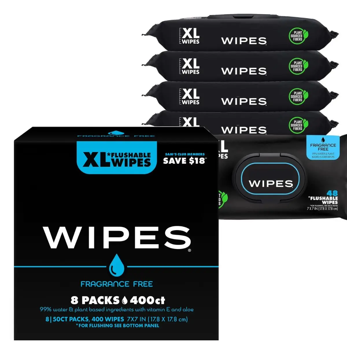 Wipes Unscented Flushable Wipes - Extra-Large Adult Wet Wipes for Sensitive Skin - 6 Pack (288 Count) - Infused with Vitamin E and Aloe - Septic and Sewer Safe