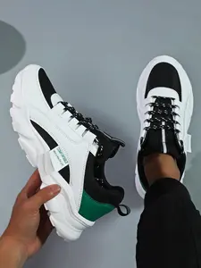 ​Men's Bright White & Black Wellness Lifestyle Sneakers - Green Accent Comfort Shoes for Urban Stroll, Year-Round Everyday Essentials​