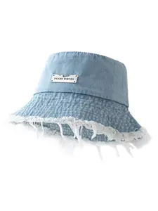 Vintage fringed fisherman hat with raw edges, metal-labeled washed denim bucket hat, pure-color sunscreen sunshade hat, lightweight sun hat, street-style bucket hat, fashionable daily accessories, suitable for outdoor casual wear