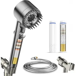 Filtered Shower Head with Handheld, 4-PCS Filters High Pressure Shower Head with 3+1 Spray Modes for Hard Water Remove Chlorine, Detachable Showerhead with ON/OFF Switch for Pet Bath (Gray) massaging