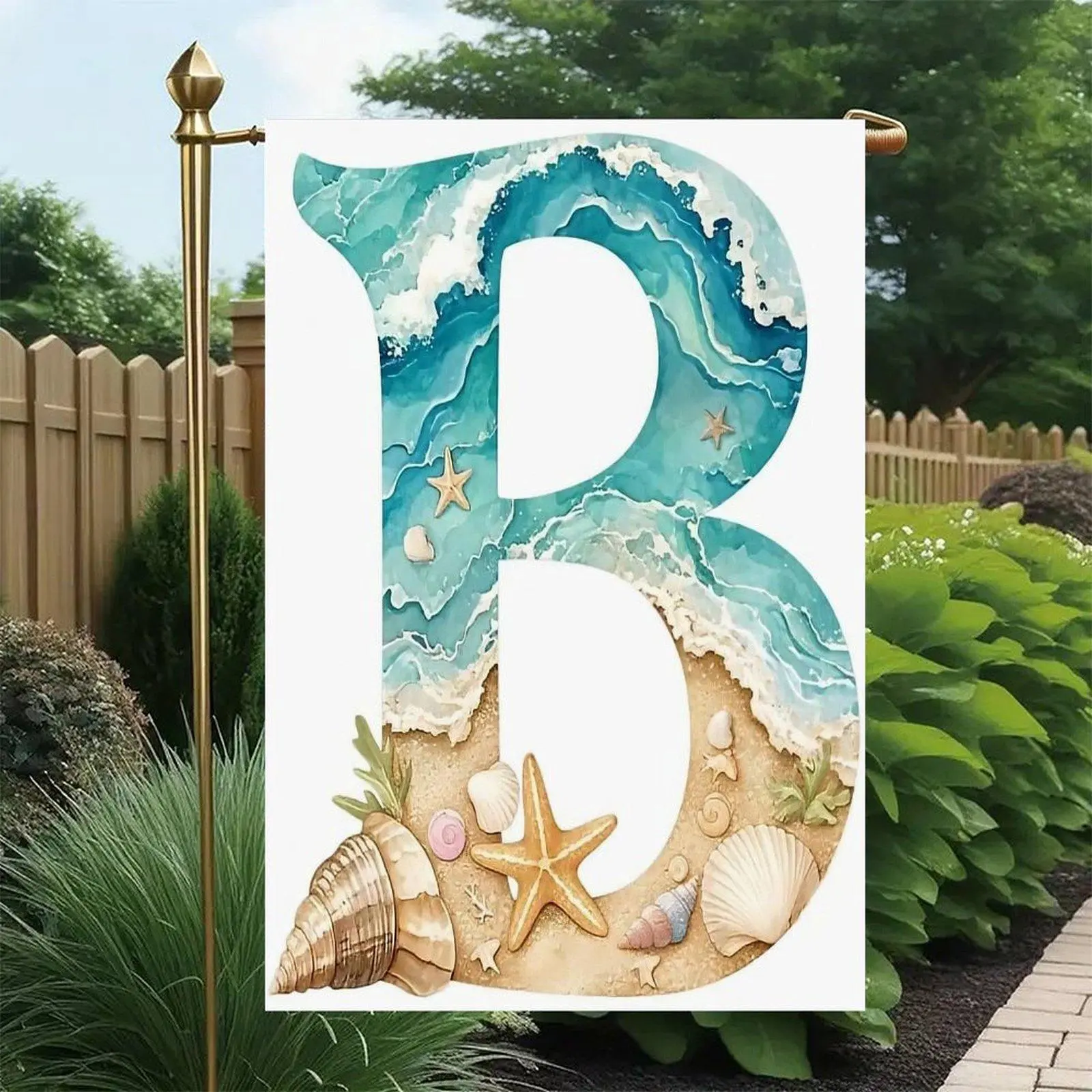 Monogram Letter B Ocean Wave Sand Starfish Conch Seashell Tropical Beach Personalized Coastal Garden Flag Double-Sided 12x18in, Custom Nautical Patio Decor Flag