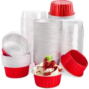 100 Pack  Foil Cupcake Liners with , 5oz Round Ramekin Baking Cups, Disposable Tart Pie Tin Pan Holder, Mini Cake Containers for Pudding, Party, Wedding, Oven Freezer Safe, Red