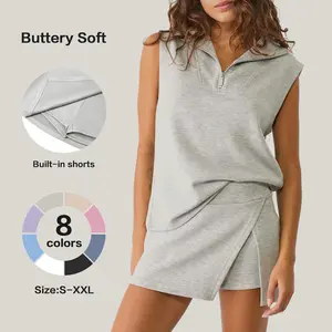 [HOT]  Womens 2 Piece Skirt Sets Summer Sleeveless Half Zip Sweatshirt Athletic Skorts Tennis Outfits Casual Sweatsuits #SpringStatements