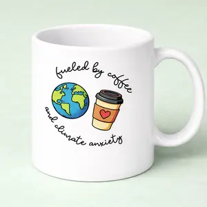 Sable Josephine Classic Glossy Printed Ceramic Coffee Mug - Fueled by Coffee, Climate Anxiety - Functional Drink Cup for Daily Use