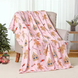 Pink Gingerbread Man Christmas Throw Blanket, Gingerbread House Blanket Gift, Cute Soft Warm Lightweight Cozy Flannel Blanket for Sofa Bed Gift Decor
