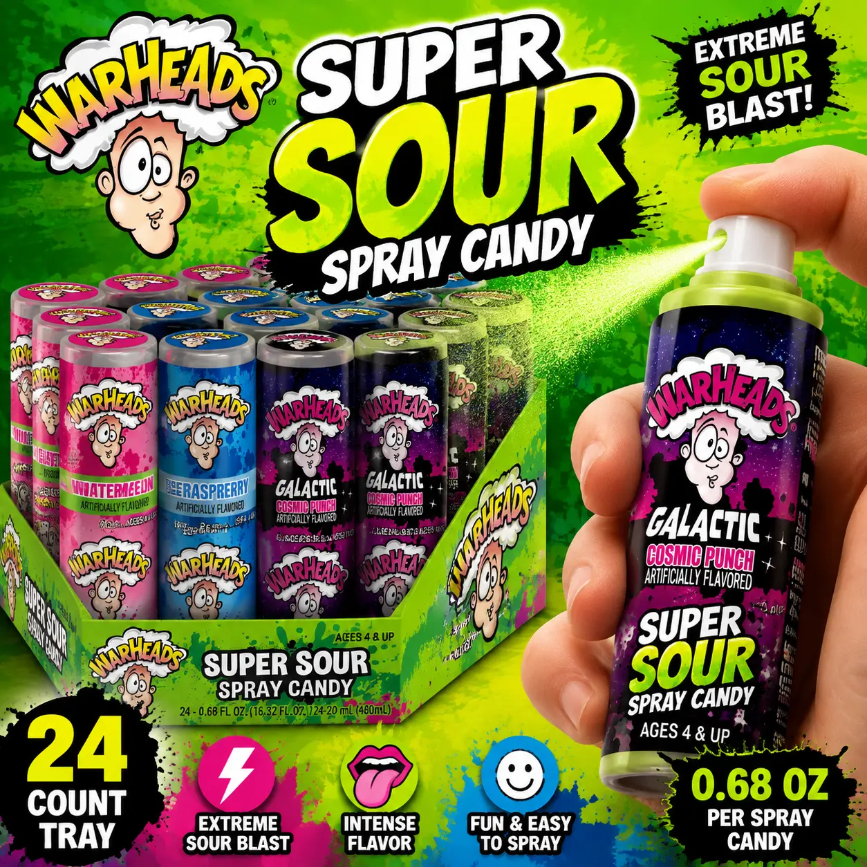 Warheads Super Sour Spray Candy 0.68 oz 24 Count Tray Extreme Sour Liquid Candy