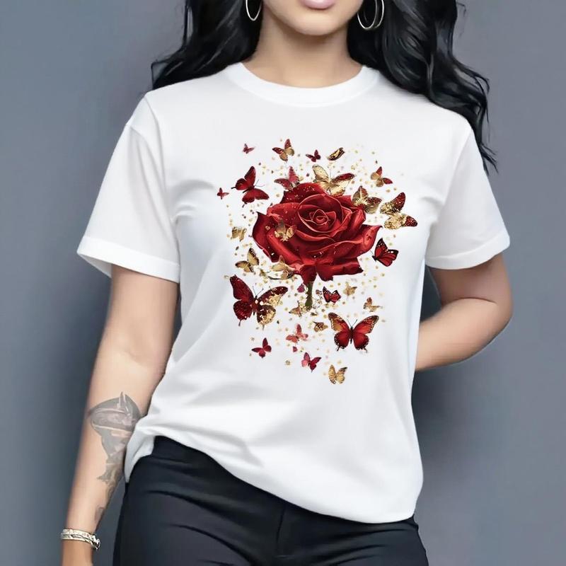 100% Cotton Women's Casual Short Sleeve Round Neck T-Shirt - Vibrant Purple Butterfly and Rose Pattern Print, Medium Stretch Machine Washable Top, Spring Summer Women's T-Shirt, Comfortable Fit Shirt