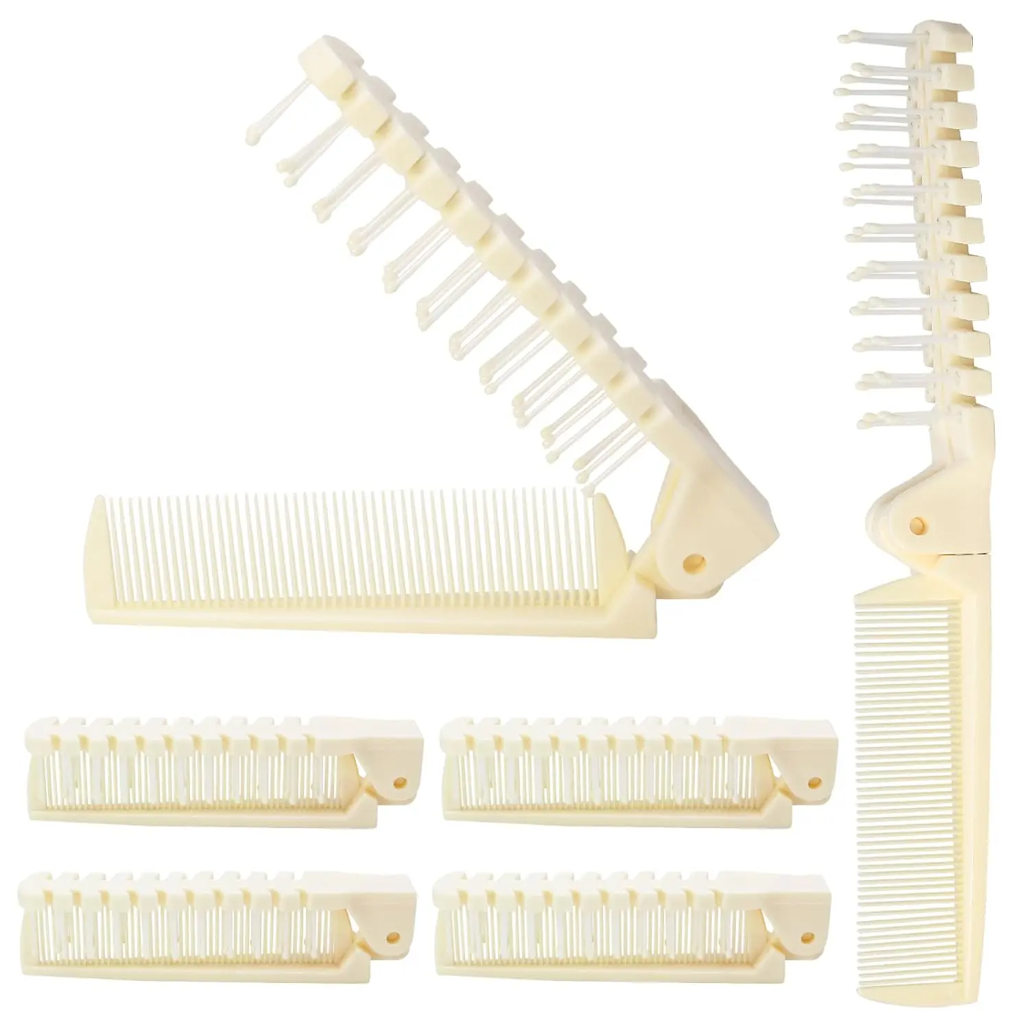 6PCS Travel Foldable Hair Brush Set for Men & Women, Anti-Static Plastic Folding Comb, Double-Headed Soft Bristle Brush for Curly Hair, Hairdressing Tools (Beige)