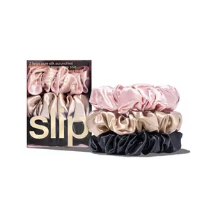 Slip Silk Large Scrunchies - Multi Color: Pink, Caramel, Black (3-Pack) | 100% Pure Mulberry Silk Hair Ties | Designed to be Anti-Crease, Anti-Breakage, Gentle on Hair | Ideal for All Hair Types