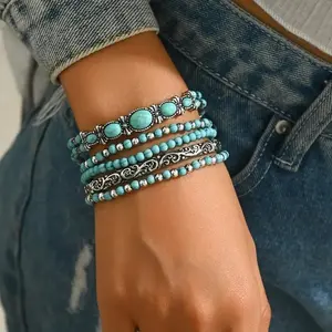Bohemian Women's 5Pcs Synthetic Turquoise Multi-layer Bracelets Set Ethnic Handmade Beads Geometry Elastic Stackable Retro Vacation Travel Beach Couple Jewelry