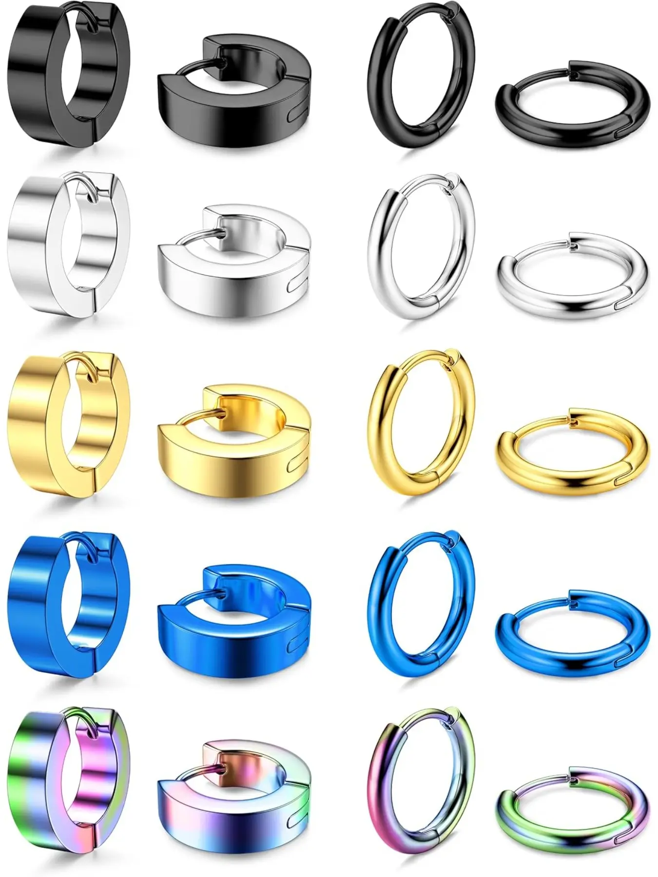 10 Pairs Men's Earrings - Ear Studs, Hoops, Huggies, Conch, Cartilage & Helix Styles - Stainless Steel, Black, Gold & Silver - Sleeper Earrings for Men & Women