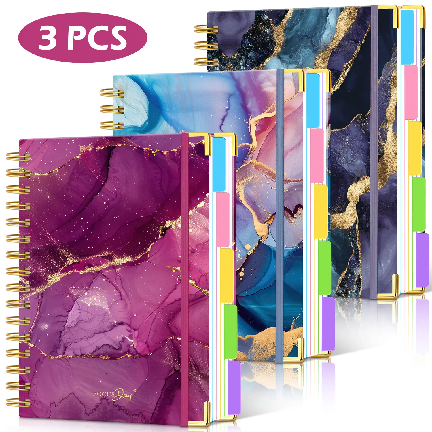 3 Pack 5 Subject Notepad with Removable Dividers Tabs, Hardcover Spiral Notebook for Writing, 6.1" X 8.4", 300 Pages 100GSM Lined Paper, for School Office Supplies