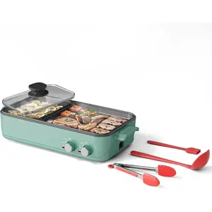 Electric Hot Pot with Grill, 2-in-1 Indoor Non-Stick Pot for Korean BBQ, Shabu Shabu & Noodles, Dual Temperature Control, Quick Heating with Bonus Accessories Green