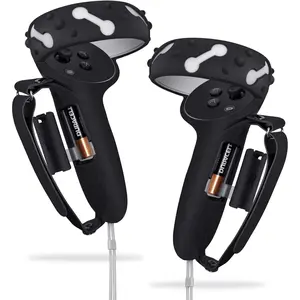 F-APT12 Controller Grips for Oculus Quest 2, Extended Silicone VR Grips Cover Protector with Battery Opening, Knuckle Straps, Anti-Throw Hand Strap for Meta Quest 2 Accessories Black