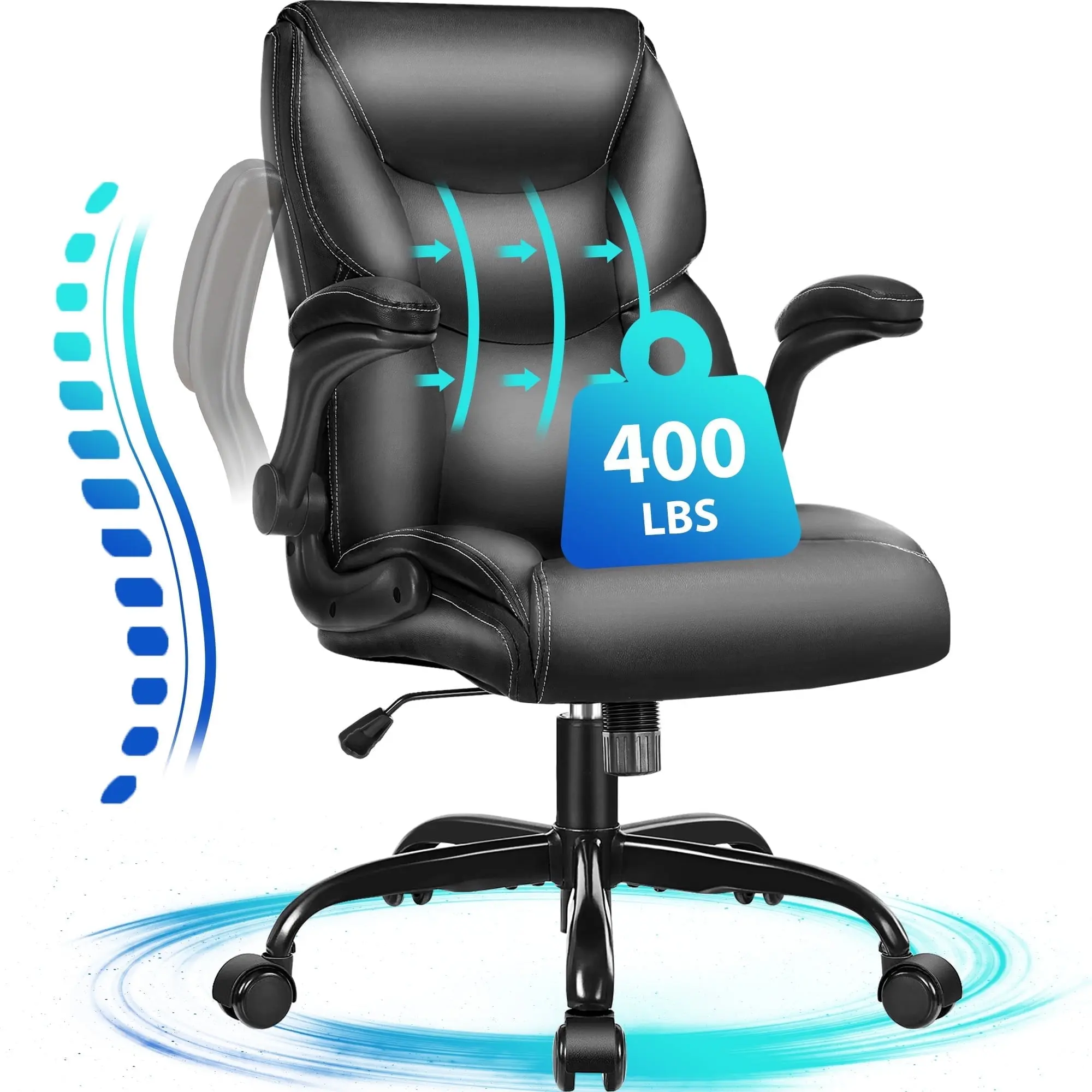 Big and Tall Office Chair Wide Seat Ergonomic Computer Desk Chair High Back Executive Leather Chair Adjustable Task Chair Lumbar Back Support 8 Hours Heavy Duty Design,Black