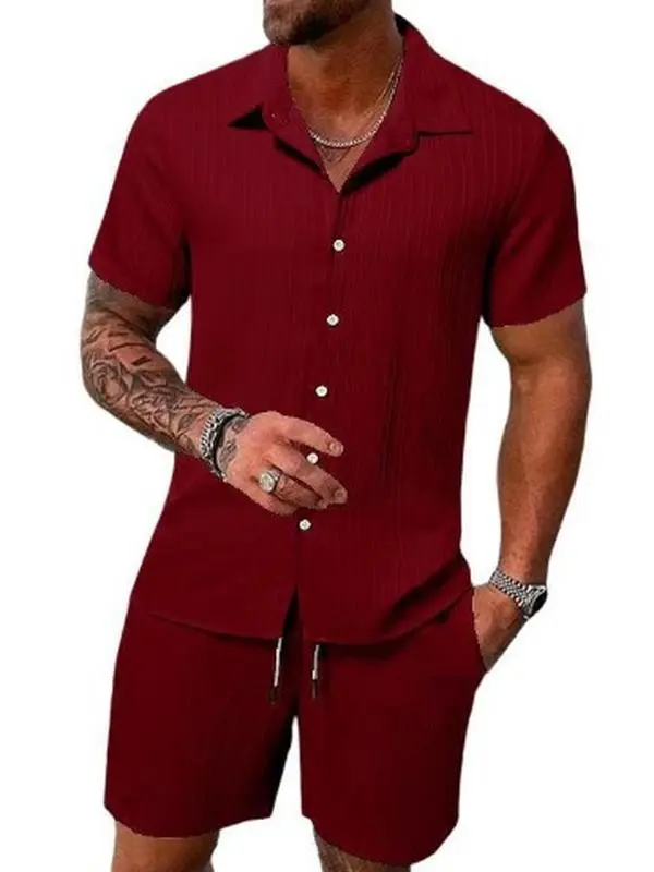Summer New Men's Shirt Casual Loose Solid Color Buckle Collar Short Sleeve Cardigan Shorts Beach Sports Set Pure Cotton T-shirt