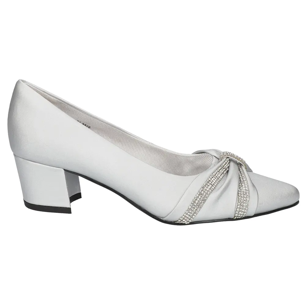 Easy Street Womens Millie Rhinestone Pointed Toe Block Pumps Dress Casual Low Heel 1-2" - Silver